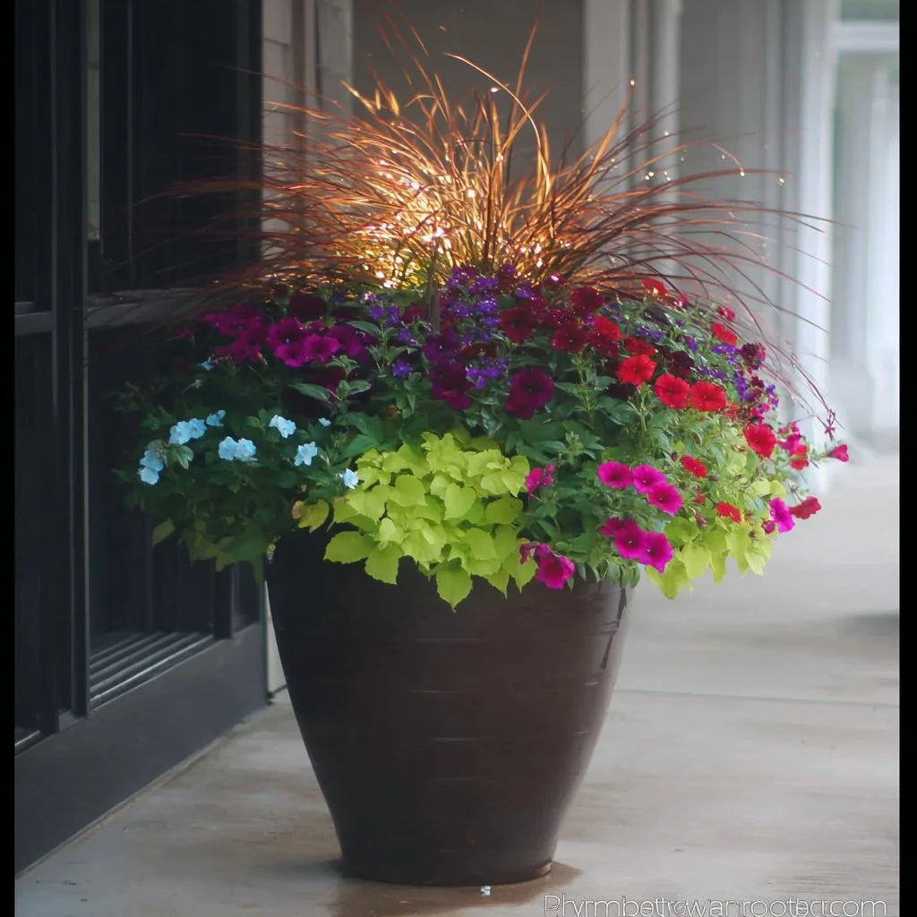 Colorful container planting recipe featuring various plants and flowers for vibrant gardens