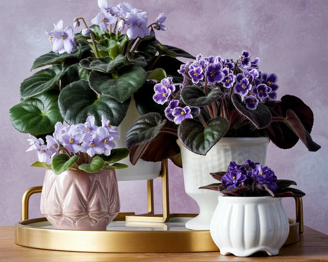 A variety of blooming indoor house plants showcasing vibrant colors and flowers.