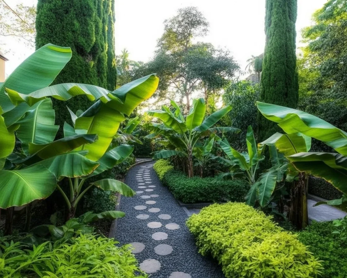 Tropical garden design showcasing lush plants and vibrant decor for a serene landscape.
