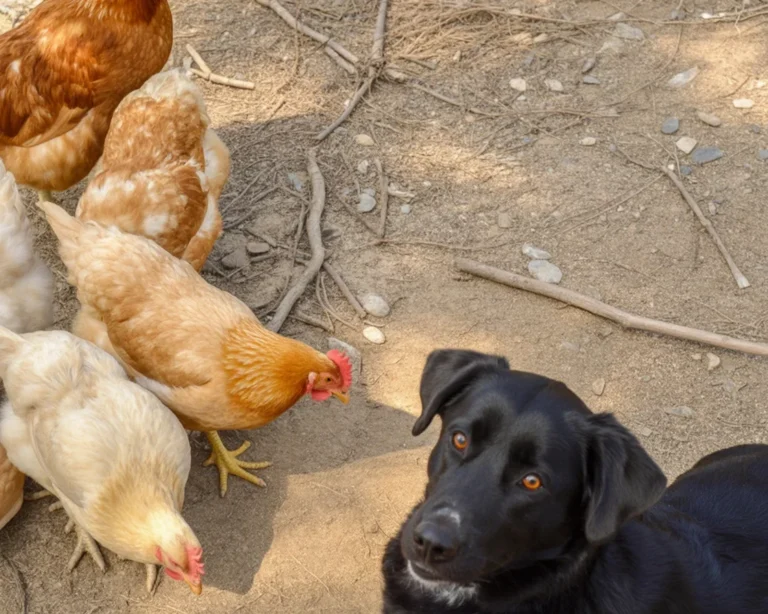 Dog and chickens interacting peacefully in a backyard setting.