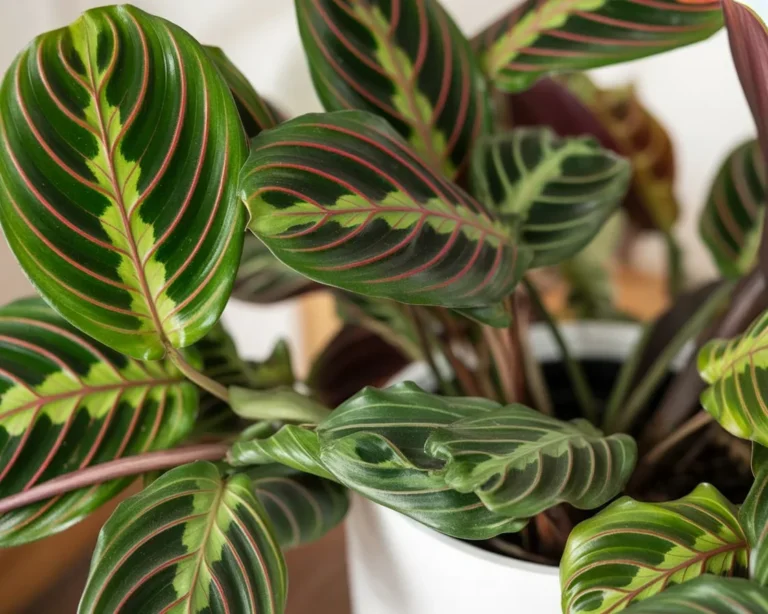 Close-up of a vibrant praying plant (Maranta leuconeura) showcasing its unique foliage.