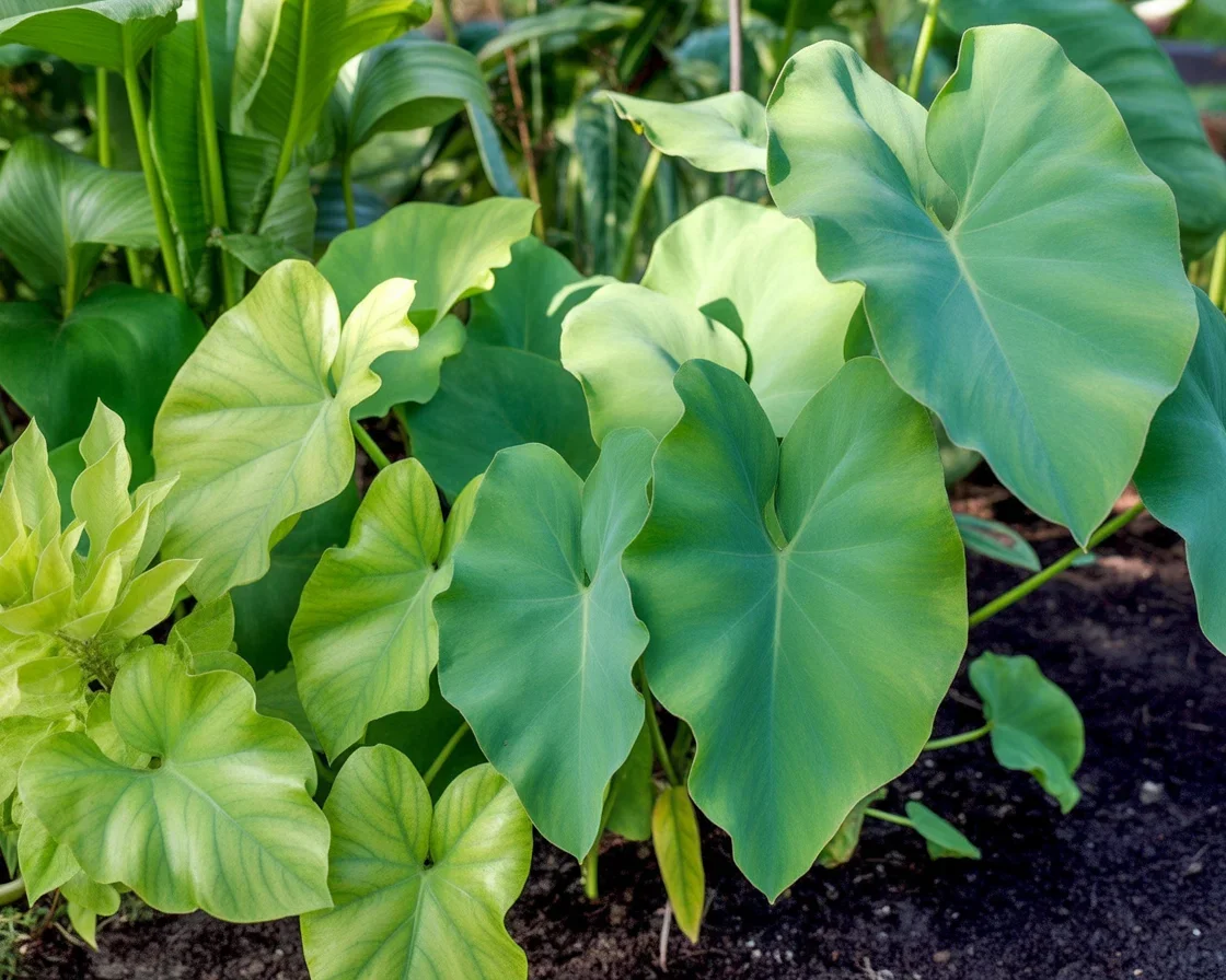 Bright green elephant ear plant thriving in a sunny room