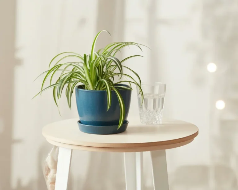Healthy spider plant thriving in bright indirect sunlight.