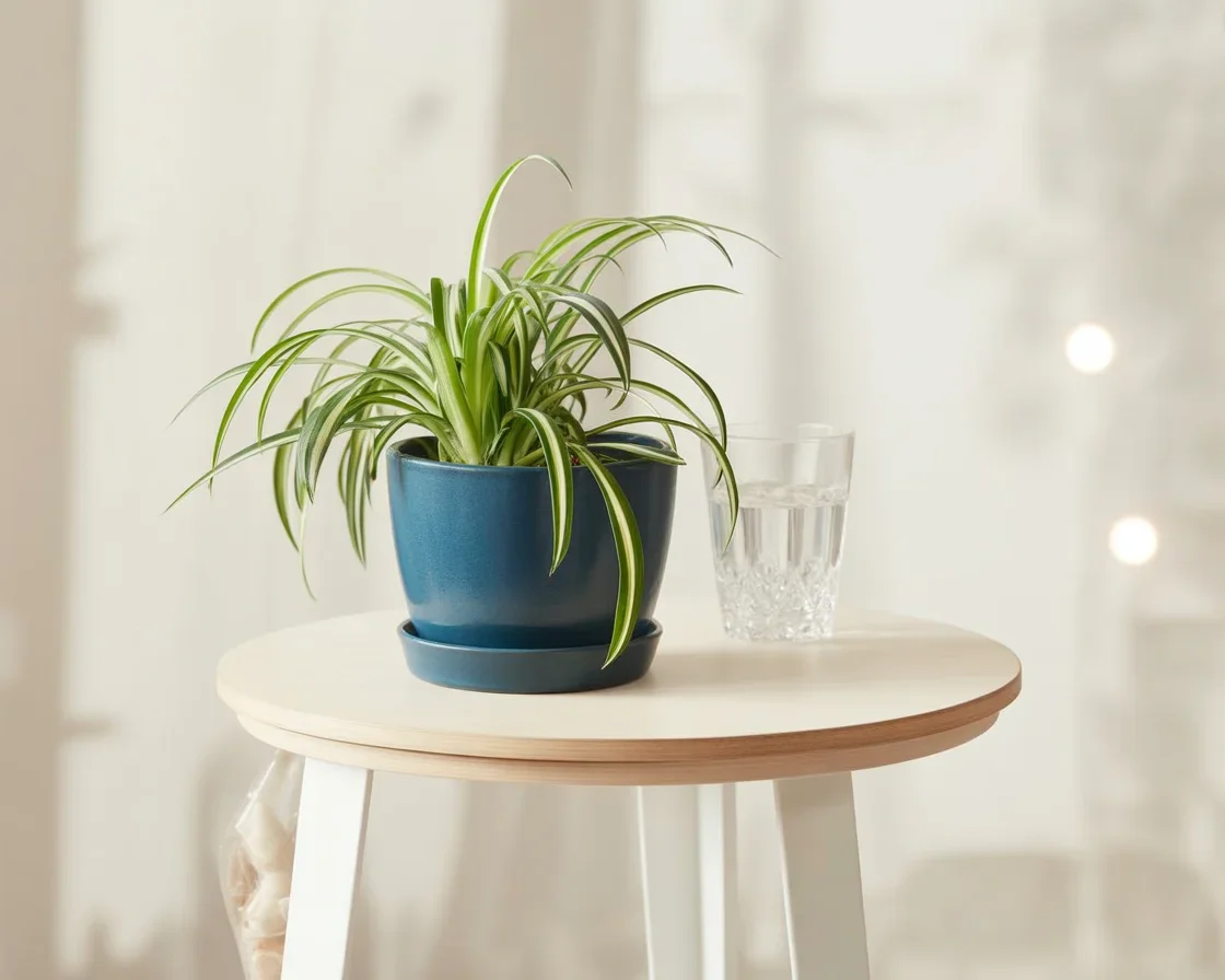 Healthy spider plant thriving in bright indirect sunlight.