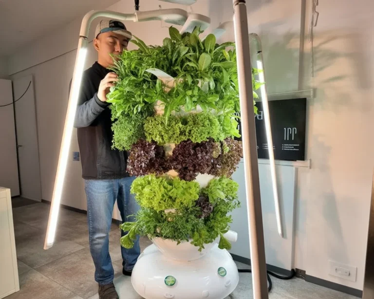 Aeroponic tower for vertical farming with multiple pots for growing fruits and vegetables.