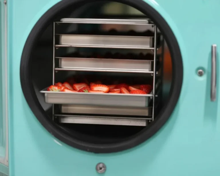 Home freeze dryer demonstrating the freeze-drying process with fresh food.