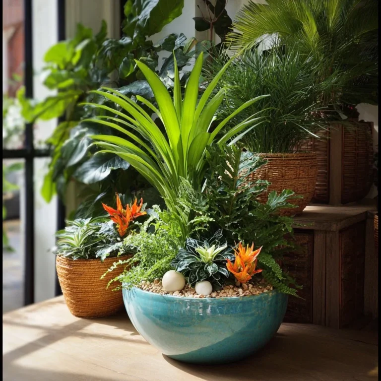 Small tropical oasis in a pot with lush plants and vibrant colors