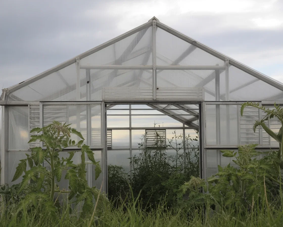 Greenhouse with ventilation system and plants to keep cool in summer heat.
