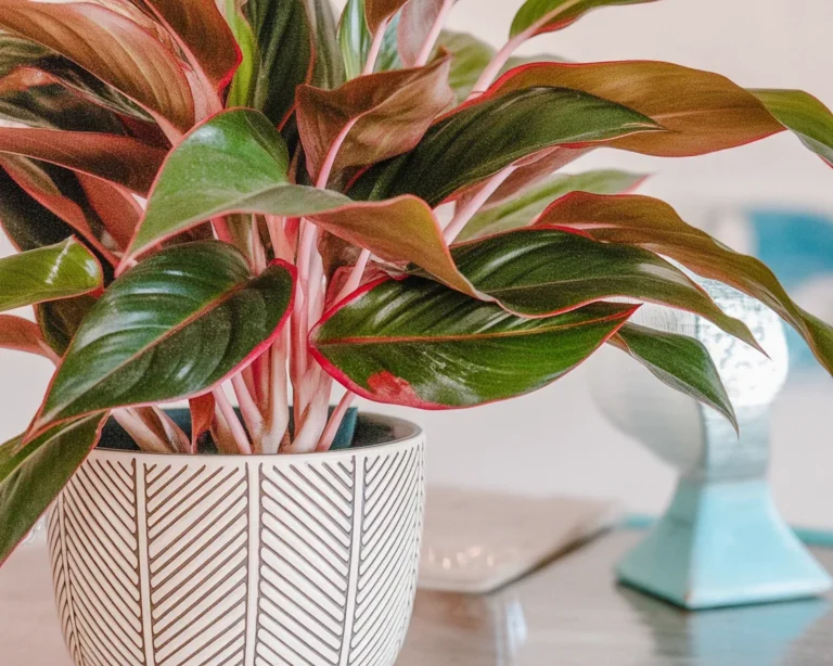Healthy Chinese Evergreen plant in bright indoor setting showing lush foliage.