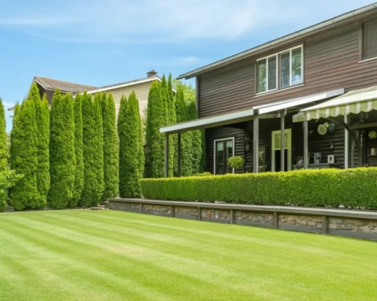Fast growing evergreen trees for privacy, including Norway Spruce and Green Giant Arborvitae.