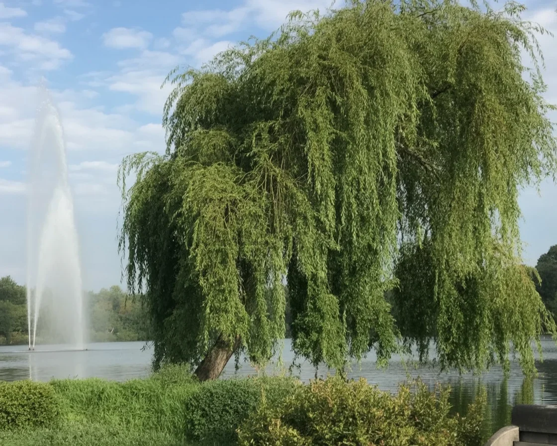 Weeping Willow Tree with long drooping branches in a serene landscape setting.