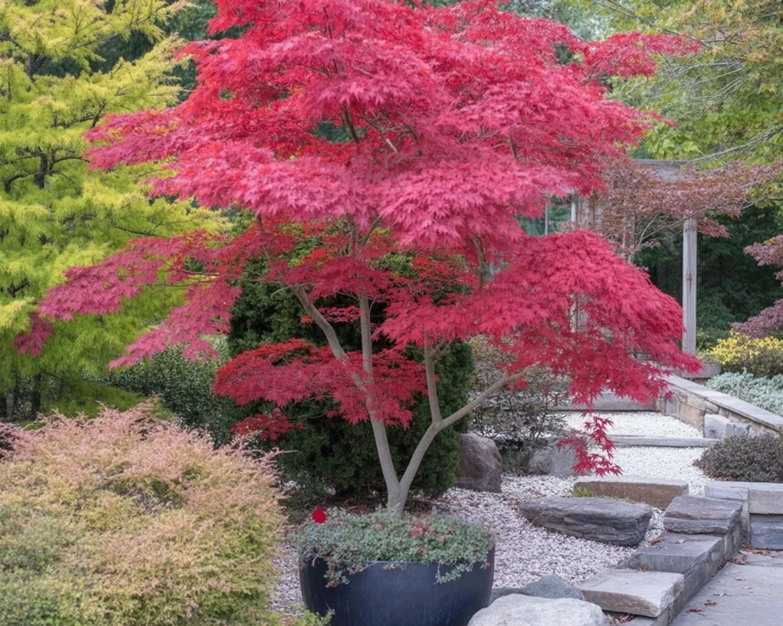 Bloodgood Japanese Maple Tree with red leaves in a landscaped garden.