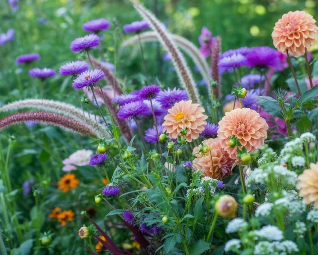 Colorful Zinnia and Dahlia garden combinations in a summer border setting.