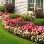 Beautiful front yard flower bed with hydrangeas, roses, and colorful zinnias.