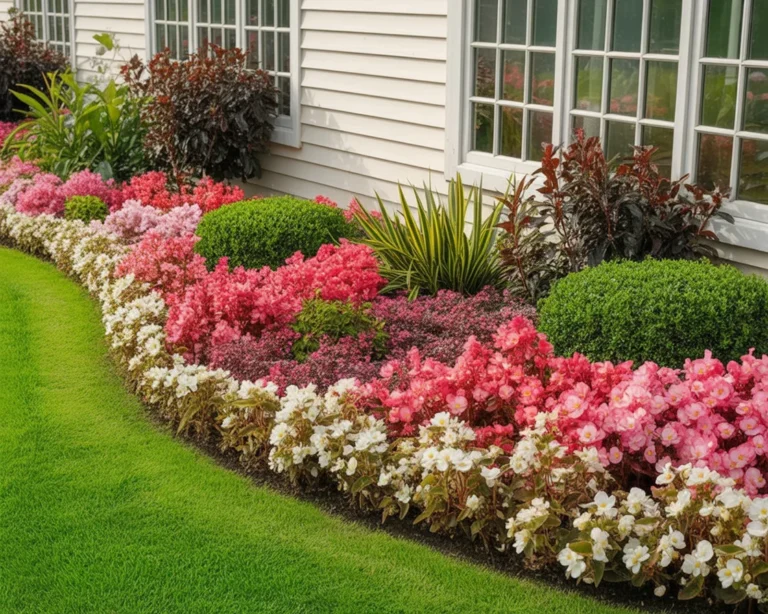 Beautiful front yard flower bed with hydrangeas, roses, and colorful zinnias.