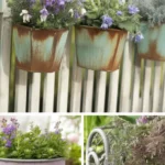 A beautiful vintage cottage garden featuring blooming flowers and rustic planters.