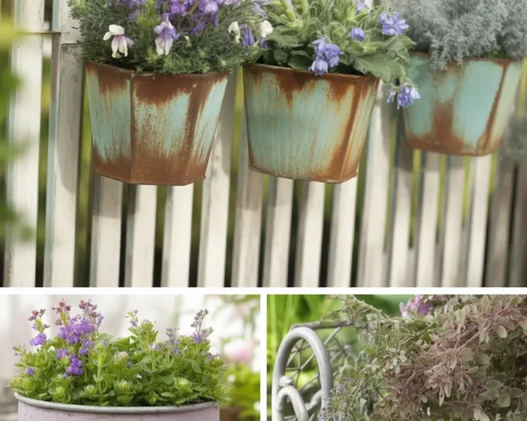 A beautiful vintage cottage garden featuring blooming flowers and rustic planters.